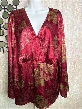 Lane Bryant Red Floral Print Satin Wrap Top